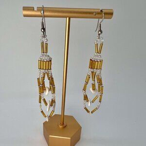 Handmade Gold & White Beaded Dangle Earrings Pierced Ears